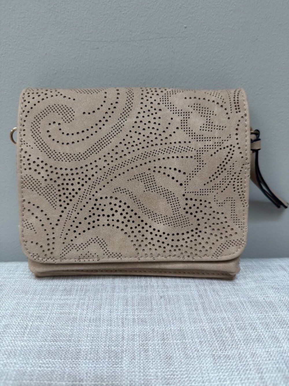Tan Sueded Wristlet/Crossbody Wallet-style Bag with Laser-cut Floral Pattern